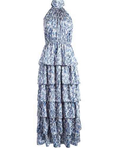 Chelsea28 Printed Tiered Mock Neck Maxi Dress - Blue
