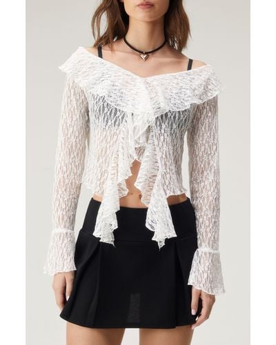 Nasty Gal Sheer Lace Ruffle Off The Shoulder Crop Top - Natural