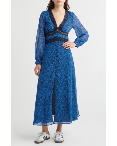 TOPSHOP Floral Long Sleeve Button-up Midi Dress - Blue