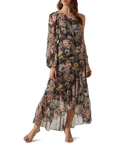 Astr Calista Floral One-shoulder High-low Maxi Dress - Brown