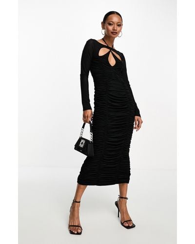 ASOS Cutout Ruched Long Sleeve Midi Dress - Black