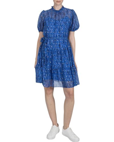 Julia Jordan Foil Crinkle Puff Sleeve Chiffon Dress - Blue