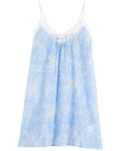 Papinelle Cheri Blossom Lace Trim Cotton & Silk Nightgown - Blue