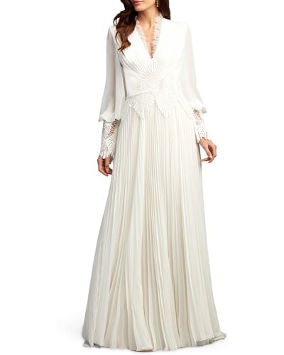 Tadashi Shoji Lace Embroidered Long Sleeve Chiffon Gown - White