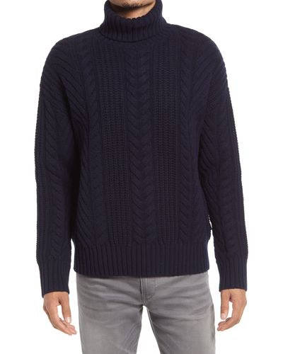 BOSS Nannos Cable Knit Virgin Wool Turtleneck Sweater - Blue
