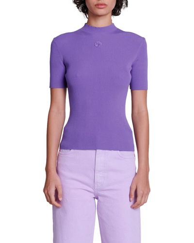 Maje Missiani Clover Patch Rib Mock Neck Sweater - Purple