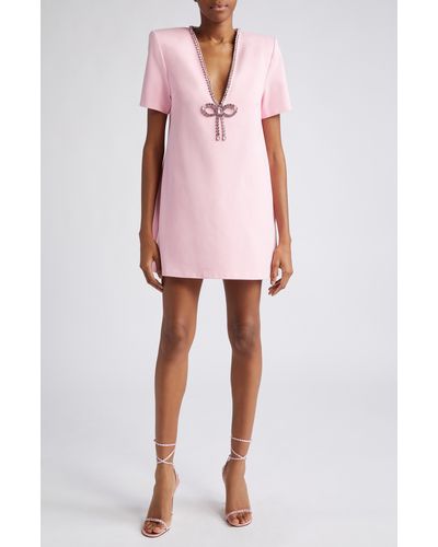 Area Crystal Bow V-neck Ponte Knit T-shirt Minidress - Pink