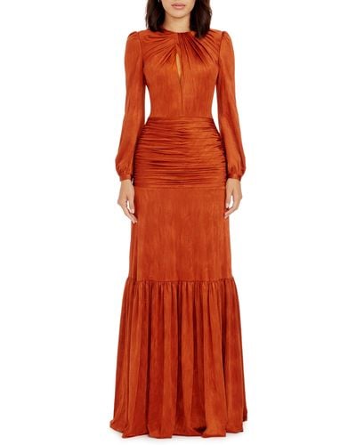 Dress the Population Lucille Pleated Ruched Long Sleeve Gown - Orange