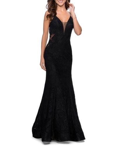 La Femme Sleeveless Lace Mermaid Gown - Black