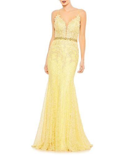 Mac Duggal Floral Appliqué Plunge Mermaid Gown - Yellow