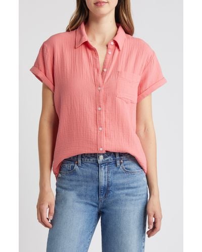 Caslon Caslon(r) Cotton Gauze Camp Shirt - Pink