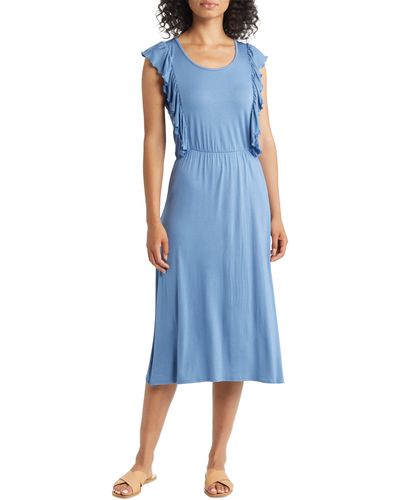 Loveappella Ruffle Cap Sleeve Jersey Dress - Blue
