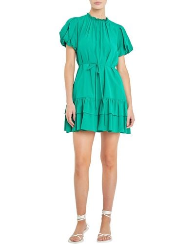 English Factory Puff Sleeve Tiered Minidress - Green