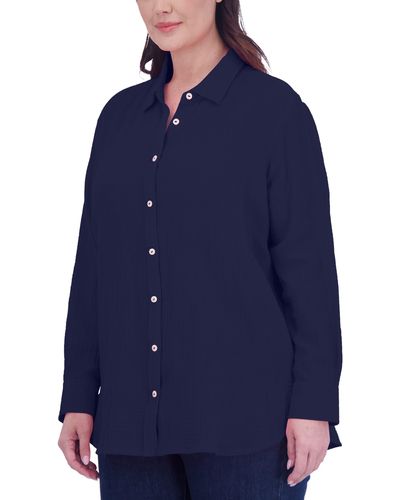 Foxcroft Oversize Gauze Button-up Shirt - Blue