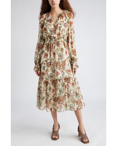 Ulla Johnson Audette Floral Ruffle Long Sleeve Silk Maxi Dress - Natural