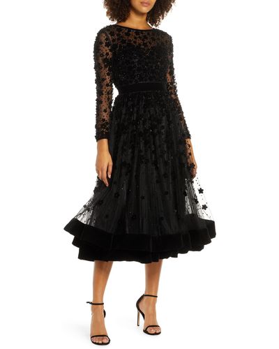Mac Duggal Long Sleeve Fit & Flare Velvet Embellished Cocktail Dress - Black