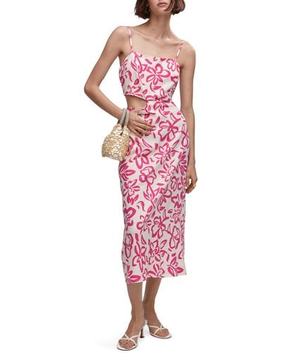 Mango Floral Cutout Linen Blend Midi Dress - Pink