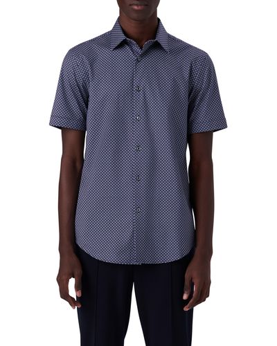 Bugatchi Ooohcotton® Geometric Print Short Sleeve Button-up Shirt - Blue
