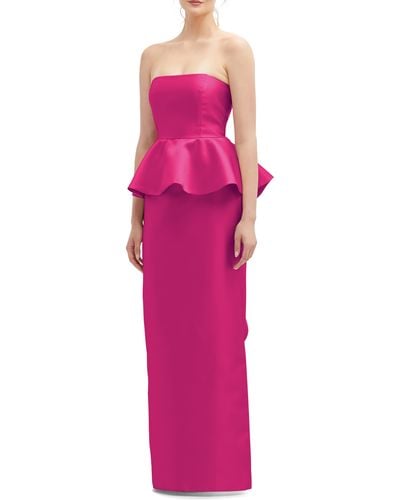Alfred Sung Strapless Ruffle Peplum Satin Column Gown - Pink