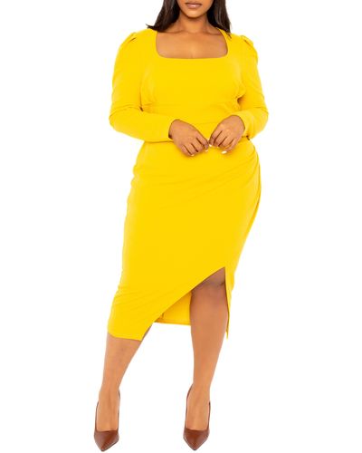 Buxom Couture Puff Shoulder Long Sleeve Asymmetric Midi Sheath Dress - Yellow