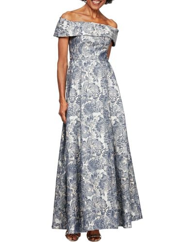 Alex Evenings Floral Brocade Off The Shoulder Gown - Gray