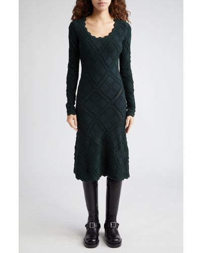 Burberry Check Scoop Neck Long Sleeve Wool Blend Sweater Dress - Black