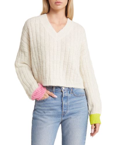 Vero Moda Ingrid Contrast Cuff V-neck Sweater - Natural