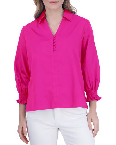 Foxcroft Alexis Smocked Cuff Sateen Popover Top - Pink