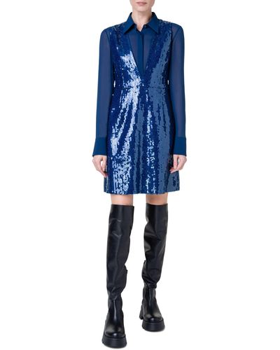 Akris Sequin Long Sleeve Pinafore Dress - Blue