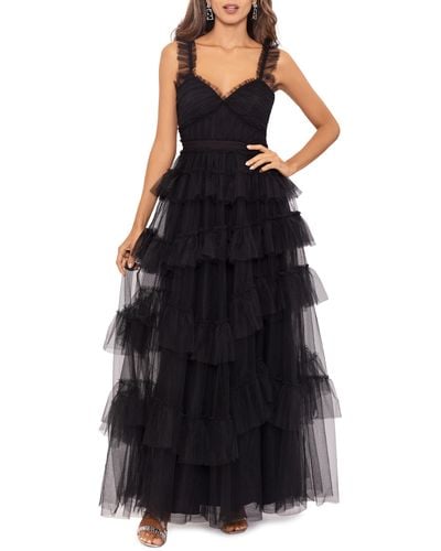Betsy & Adam Tiered Ruffle Tulle Gown - Black
