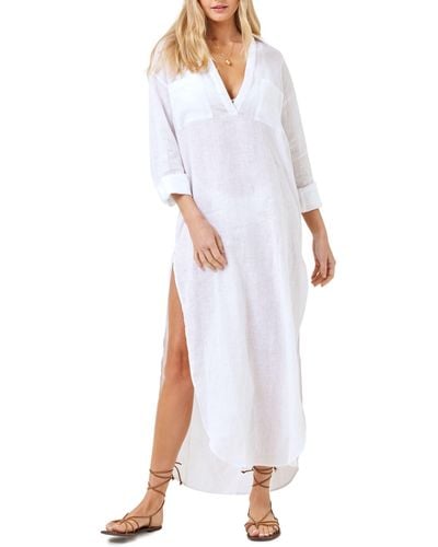 L*Space Capistrano Long Sleeve Linen Cover-up Tunic Dress - White