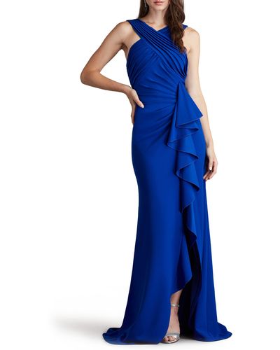 Tadashi Shoji Crossneck Side Ruffle Gown - Blue