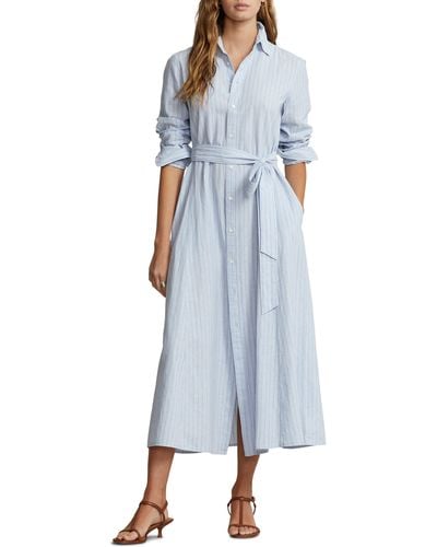 Polo Ralph Lauren Striped-shirt Linen And Cotton-blend Mid Dress - Blue