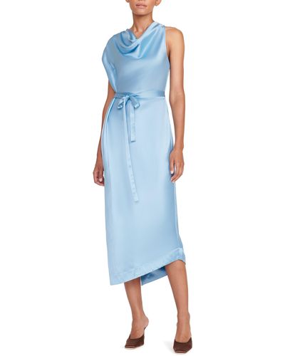 STAUD Troupe Satin Asymmetric Midi Dress - Blue