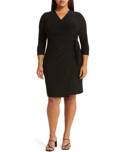 Anne Klein Long Sleeve Solid Faux Wrap Dress - Black