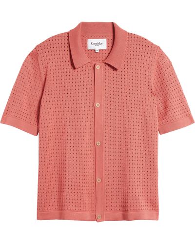 Corridor NYC Pointelle Stitch Short Sleeve Cotton Knit Button-up Shirt - Pink