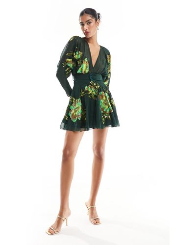 ASOS Sequin Embroidered Semisheer Long Sleeve Minidress - Green