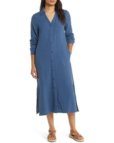 Caslon Caslon(r) Cotton Gauze Long Sleeve Midi Shirtdress - Blue
