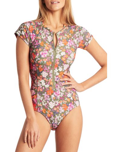 Sea Level Floral Short Sleeve Zip One-piece Swimsuit - Green