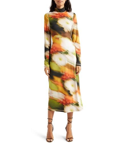 Stine Goya Jessie Abstract Floral Long Sleeve Knit Midi Dress - Yellow