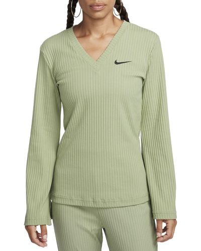 Nike Sportswear Rib Jersey Long Sleeve V-neck Top - Green
