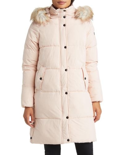 Sam Edelman Hooded Puffer Coat With Faux Fur Trim - Natural