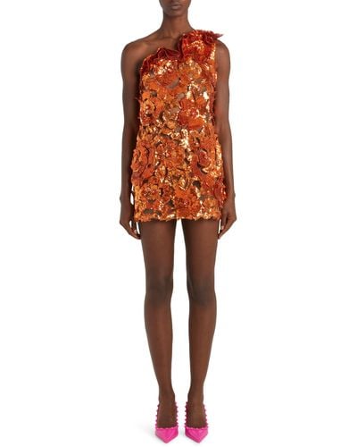 Valentino Garavani Sequin Floral Embroidery One-shoulder Minidress - Orange
