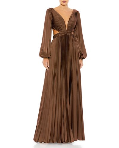 Ieena for Mac Duggal Long Sleeve Pleated Cut-out Gown - Brown