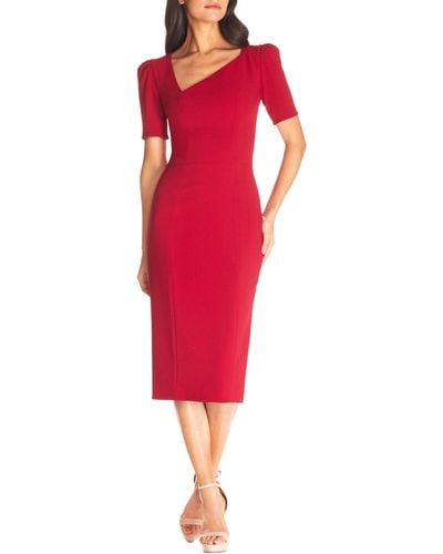 Dress the Population Ruth Asymmetric Neck Midi Dress - Red