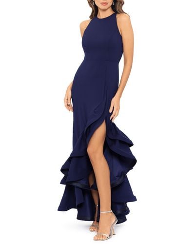 Betsy & Adam Ruffle Halter Crepe Gown - Blue