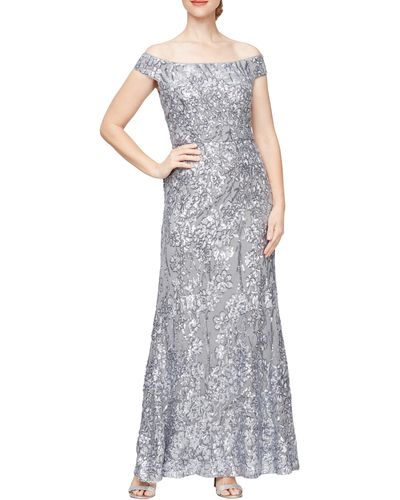 Alex Evenings Floral Embroidered Sequin Off The Shoulder Gown - Gray