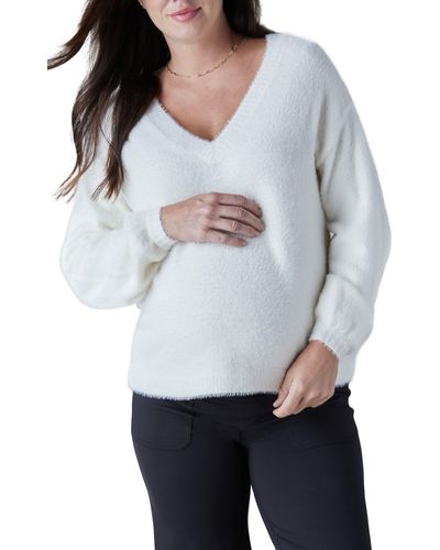 Ingrid & Isabel Fluffy V-neck Maternity Sweater - White