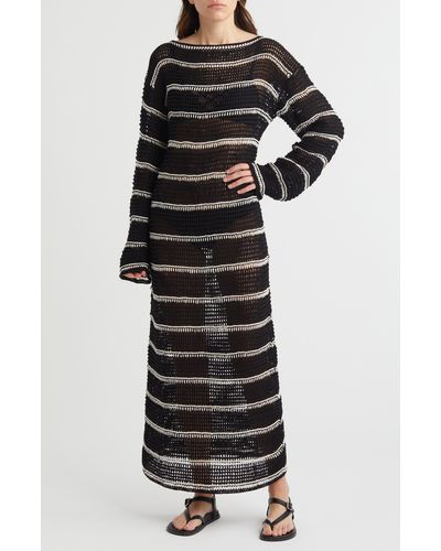 Faithfull The Brand Jesolo Stripe Long Sleeve Open Stitch Cotton Sweater Dress - Black