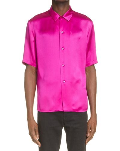 Saint Laurent Short Sleeve Silk Button-up Shirt - Pink